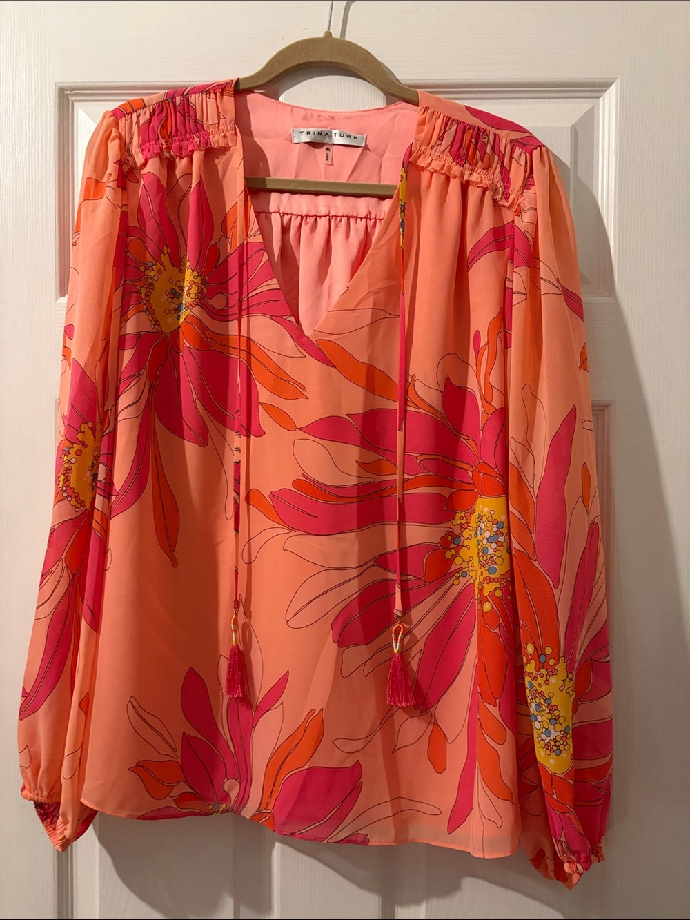 Trina Turk Peach & Hot Pink Floral Tie-Neck Blouse